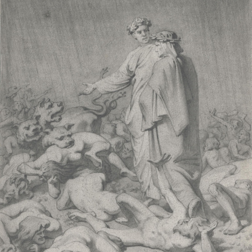 image for: Claudi Lorenzale - Dant i Virgili en un passatge de la Divina Comèdia (anvers) / Apunt de les figures de Dant i Virgili (revers) - Cap a 1850-1870