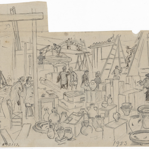 image for: Josep Lluís Pellicer - Desembalatge de ceràmica a l&#039;Exposició - Cap a 1888