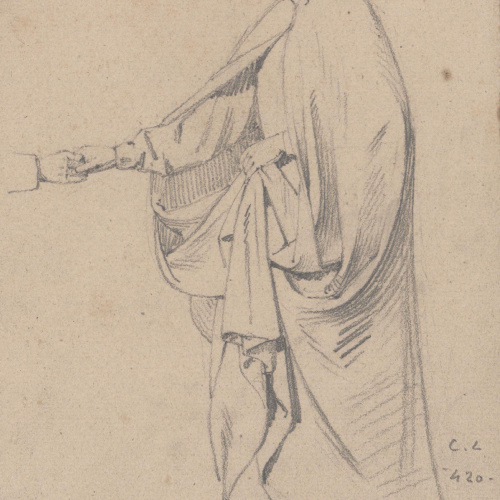 image for: Claudi Lorenzale - Dona amb un llarga capa saludant amb la mà dreta - Cap a 1850-1870