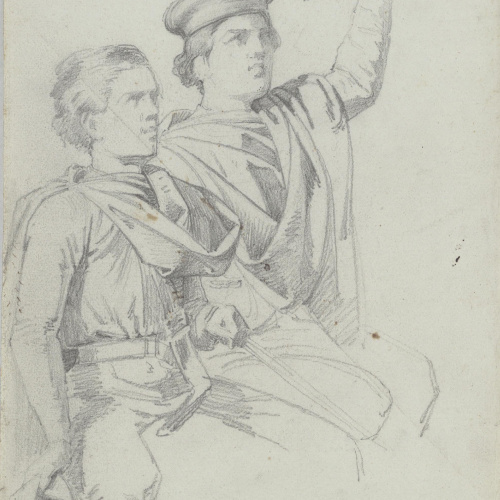 image for: Claudi Lorenzale - Dos joves cavalcant fent el gest d&#039;acomiadar-se - Cap a 1850-1870