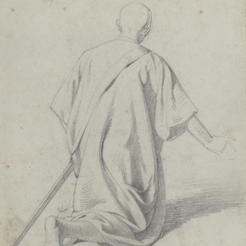 image for: Claudi Lorenzale - Estudi de cavaller medieval agenollat i d&#039;esquena per al quadre «Mort del rei Pere III a Vilafranca» - Cap a 1870