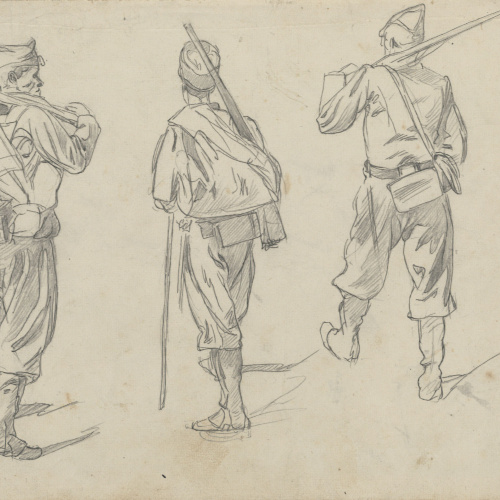 image for: Josep Lluís Pellicer - Soldats carlistes (anvers) / Croquis de plànol de batalla (revers) - Cap a 1872-1876