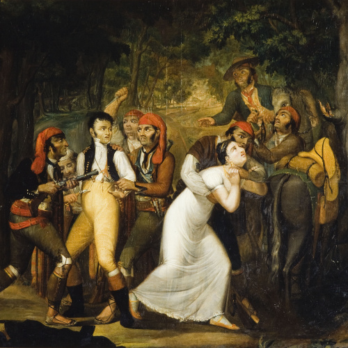 image for: Anònim - Bandolers atacant una parella de viatgers - Segle XIX