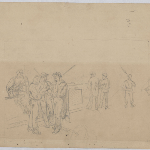 image for: Josep Lluís Pellicer - Apunts de soldats (anvers) / Apunt de paisatge (revers) - Cap a 1872-1876