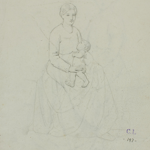 image for: Claudi Lorenzale - Dona asseguda amb un nen nu a la falda (anvers) / Dona asseguda amb un nen nu a la falda (revers) - Cap a 1860-1880