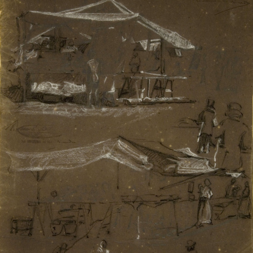 image for: Ramon Martí i Alsina - Apunt de dues parades de mercat amb figures - Cap a 1866-1870