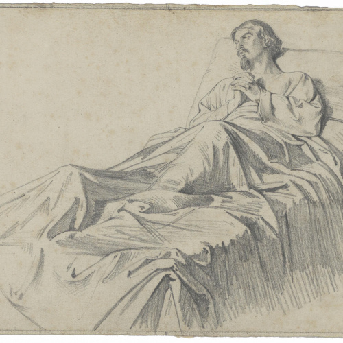 image for: Claudi Lorenzale - Estudi d&#039;home malalt al llit implorant la misericòrdia divina per al quadre «Mort del rei Pere III a Vilafranca» (anvers) / Estudi d&#039;home malalt al llit implorant la... - Cap a 1870
