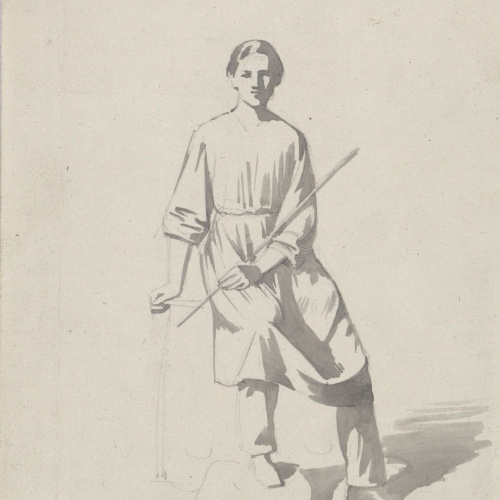 image for: Claudi Lorenzale - Jove vestint una llarga brusa i assegut sobre un bloc de pedra - Cap a 1850-1870