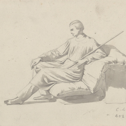 Claudi Lorenzale - Home amb túnica assegut i recolzat damunt uns coixins - Cap a 1850-1870 image for: Claudi Lorenzale - Home amb túnica assegut i recolzat damunt uns coixins - Cap a 1850-1870