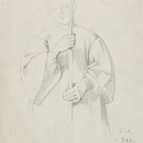 image for: Claudi Lorenzale - Estudi de sagristà amb la creu alçada per al quadre «La mort del rei Pere III a Vilafranca» - Cap a 1870