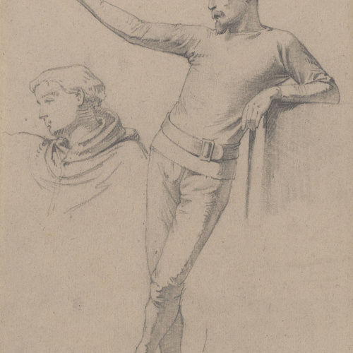image for: Claudi Lorenzale - Estudi de figura masculina recolzada en un esglaó i un frare - Cap a 1860-1870