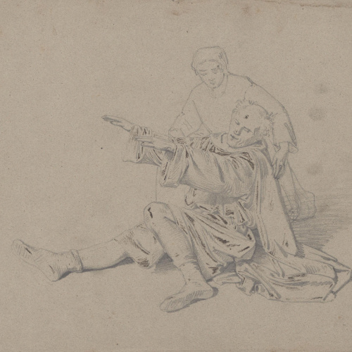 image for: Claudi Lorenzale - Estudi de figura femenina en l&#039;acció de sostenir un ferit per al quadre històric de la família Centelles - Cap a 1850-1860