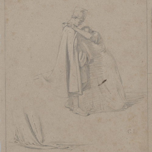 image for: Claudi Lorenzale - Estudi de dona recolzada en un home per a la composició històrica de la família Centelles - Cap a 1850-1860