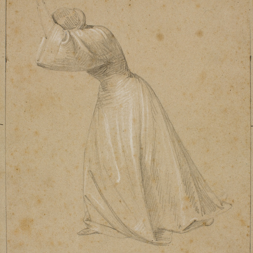 image for: Claudi Lorenzale - Estudi de dona dempeus, amb el cap entre els braços enlairats per al quadre d&#039;episodi històric de la família Centelles (anvers) / Home vell amb nen i estudi de màniga (revers) - Cap a 1850-1855
