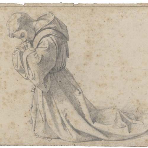 image for: Claudi Lorenzale - Estudi de frare franciscà agenollat per al quadre «Mort del rei Pere III a Vilafranca» - Cap a 1870