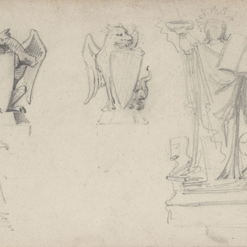 image for: Claudi Lorenzale - Estudi de grius aguantant escuts i al·legoria de la Ciència - Cap a 1860-1880