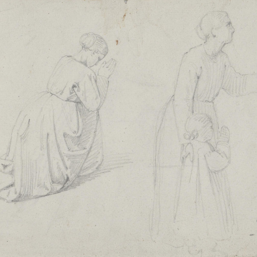 image for: Claudi Lorenzale - Figura femenina pregant i figura amb nena (anvers) / Estudi de figura masculina (revers) - Cap a 1850-1870