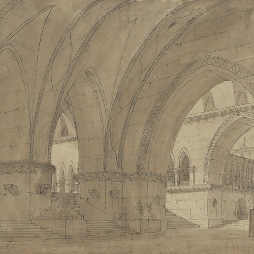 image for: Achille Battistuzzi - Interior d'un edifici d'estil medieval (escenografia) - Cap a 1870-1880