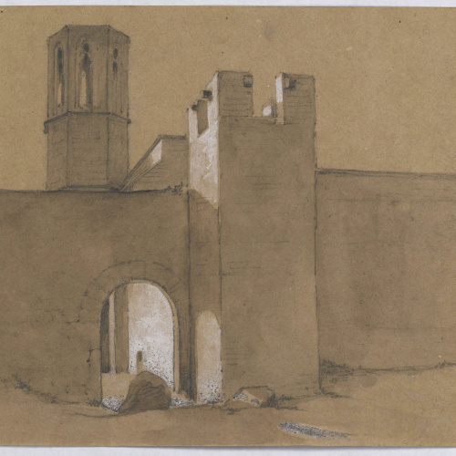 image for: Claudi Lorenzale - Estudi del Monestir de Pedralbes per a la pintura (anvers) / Croquis de paisatge (revers) - Cap a 1840-1850
