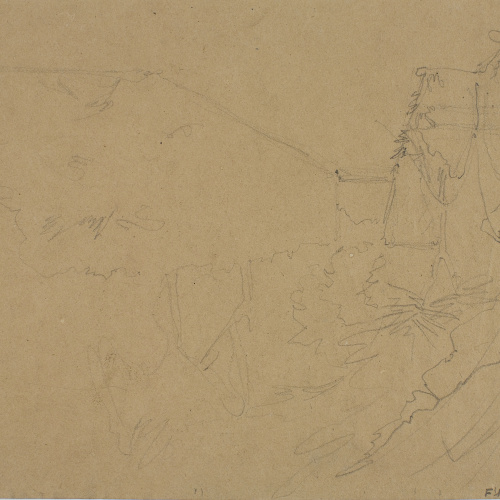 image for: Claudi Lorenzale - Estudi del Monestir de Pedralbes per a la pintura (anvers) / Croquis de paisatge (revers) - Cap a 1840-1850 [1]