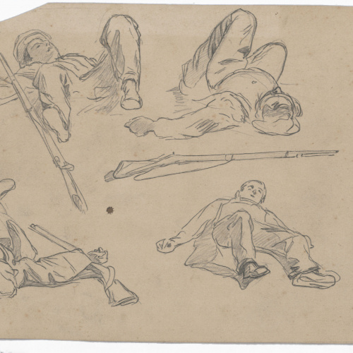 image for: Josep Lluís Pellicer - Estudi de soldats ferits o morts (anvers) / Home vell assegut (revers) - Cap a 1872-1876