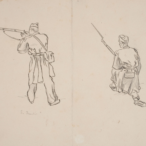 image for: Josep Lluís Pellicer - Estudi de soldats (anvers) / Embarque de tropas en Portugalete (revers) - Cap a 1872-1876