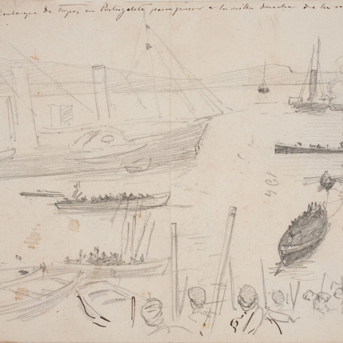 image for: Josep Lluís Pellicer - Estudi de soldats (anvers) / Embarque de tropas en Portugalete (revers) - Cap a 1872-1876 [1]