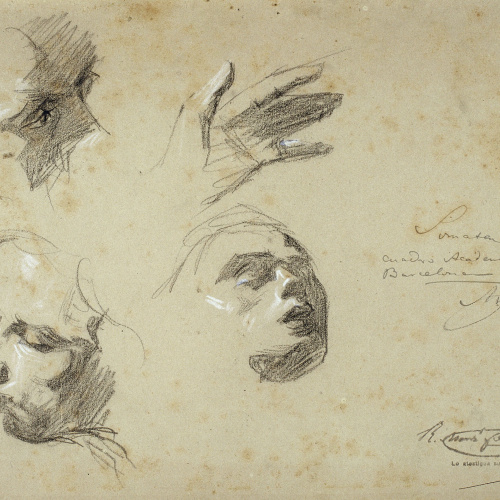 image for: Ramon Martí i Alsina - Estudi de tres caps i una mà per al quadre «El Sometent del Bruc» - Cap a 1866