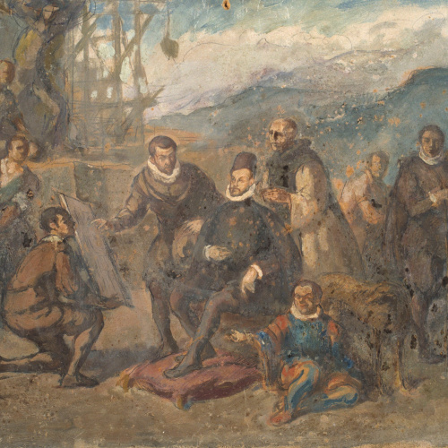 image for: Ricard Canals - Felip II, assegut en una butaca i envoltat de cortesans, contempla els plànols del monestir de l&#039;Escorial - Cap a 1929