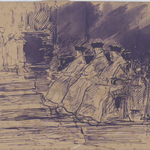 image for: Arcadi Mas i Fondevila - Durant l&#039;ofici (anvers) / Durant l&#039;ofici. Apunt (revers) - Cap a 1892-1899