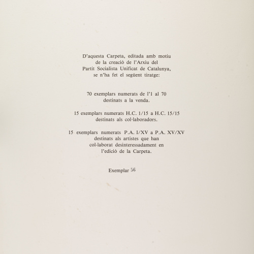image for: Antoni Tàpies - Manuscrit, plana amb les característiques del tiratge i set gravats editats amb motiu de la fundació de l&#039;Arxiu del Partit Socialista Unificat de Catalunya (PSUC) - 1979 [1]