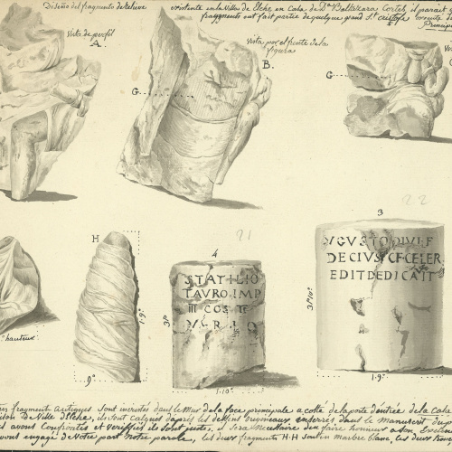 image for: François Ligier - Fragments d&#039;una estàtua de Sant Cristòfol i de columnes copiats del manuscrit del príncep Pius - Cap a 1801-1803
