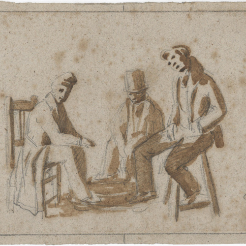 image for: Claudi Lorenzale - Tres homes escalfant-se al voltant d&#039;un braser - Cap a 1840