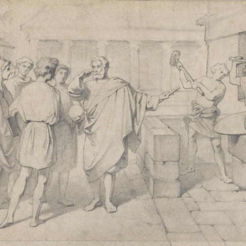 image for: Claudi Lorenzale - Pitàgores amb els seus deixebles davant d&#039;un taller de farga - Cap a 1850-1855