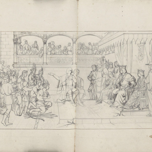 image for: Claudi Lorenzale - Presentació de Colom als Reis Catòlics dels homes i animals procedents d&#039;Amèrica - Cap a 1850-1870