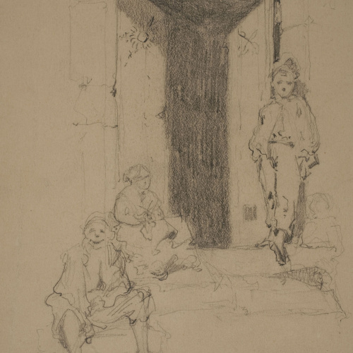 image for: Ramon Martí i Alsina - Tres persones, dues assegudes i una dreta al portal d&#039;una casa - Cap a 1850-1855