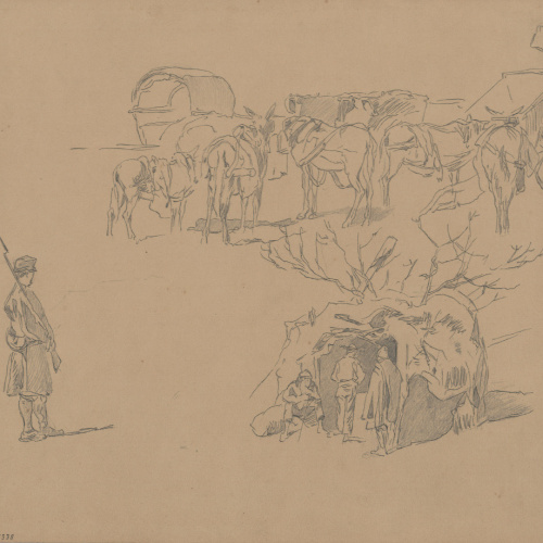 image for: Josep Lluís Pellicer - Soldats i cavalls descansant - Cap a 1872-1876