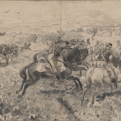 image for: Josep Lluís Pellicer - Una sección de Pavía, escolta del general en gefe, carga a los carlistas, en los alrededores de Oteiza - 1875