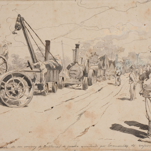 image for: Josep Lluís Pellicer - Simnitza. Llegada de un convoy de material de guerra arrastrado por locomoviles de vapor - 1877