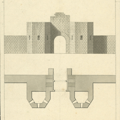 image for: Anònim - Planta i alçat de la porta dels Boters a la ciutat de Lleida - Cap a 1801-1803