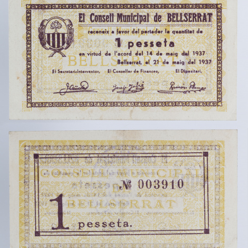 Consell Municipal de Bellserrat. Sant Pere de Torelló - 1 pesseta - 21.05.1937 image for: Consell Municipal de Bellserrat. Sant Pere de Torelló - 1 pesseta - 21.05.1937