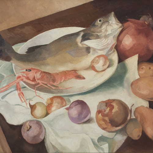 image for: Xavier Nogués - Natura morta: peix, cebes i trumfes - 1933