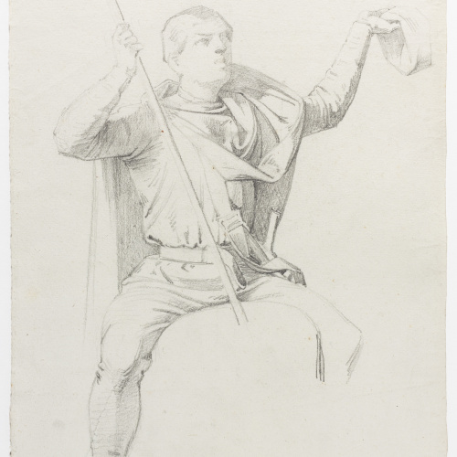 Claudi Lorenzale - Home assegut sobre una pedra o farcell saludant amb el barret - Cap a 1850-1870 image for: Claudi Lorenzale - Home assegut sobre una pedra o farcell saludant amb el barret - Cap a 1850-1870