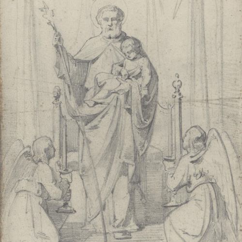 image for: Claudi Lorenzale - Estudi de Sant Josep amb el nen Jesús i àngels per a un retaule - Cap a 1850-1870