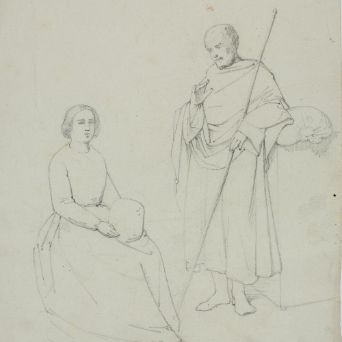 image for: Claudi Lorenzale - Estudi de figures per al quadre «Descans en la fugida a Egipte?» (anvers) / Estudi de figures per al quadre «Descans en la fugida a Egipte?» (revers) - Cap a 1850-1870