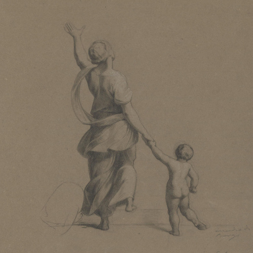image for: Claudi Lorenzale - Dona i nen fugint d&#039;un incendi. Còpia de l&#039;incendi del Borgo de Rafael - Cap a 1839-1840