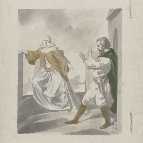 image for: Claudi Lorenzale - Dona a punt de tirar-se des de la torre d&#039;un castell i frenada per un home - Cap a 1850-1855