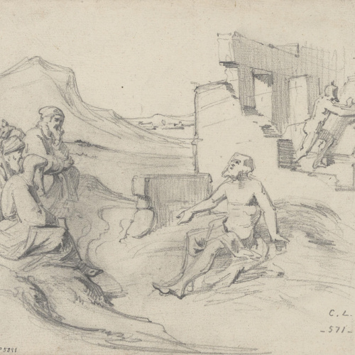 Claudi Lorenzale - Decoració de les ruïnes d'un temple: en primer terme, un home nu explicant quelcom a tres vells que l'escolten atentament - Cap a 1850-1870 image for: Claudi Lorenzale - Decoració de les ruïnes d'un temple: en primer terme, un home nu explicant quelcom a tres vells que l'escolten atentament - Cap a 1850-1870