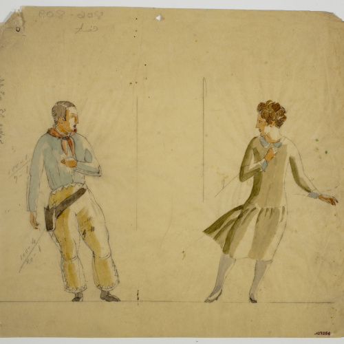 image for: Xavier Nogués - «Cowboy» i dona ballant. Estudi preparatori per a la decoració d&#039;un mirall - Cap a 1924-1928