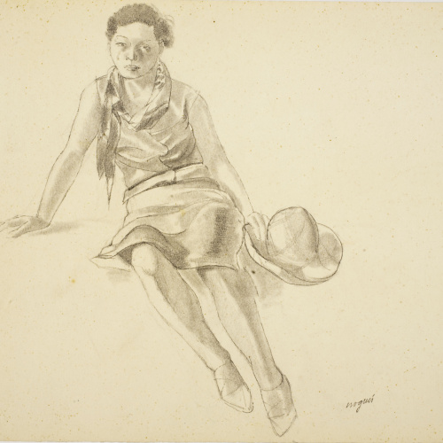 image for: Xavier Nogués - Noia asseguda, amb un barret a la mà. Estudi preparatori per a l&#039;oli «Noies» - Cap a 1938